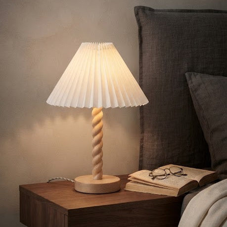 Lampe à Poser en Bois - Pied torsadé et Abat-jour blanc Plissé