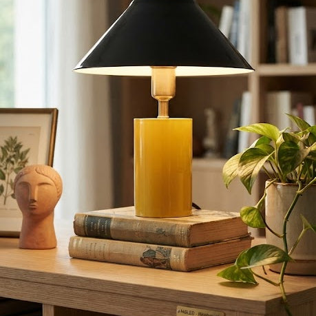 Lampe à Poser Design Métal - Base Cylindrique Jaune & Abat-jour Noir
