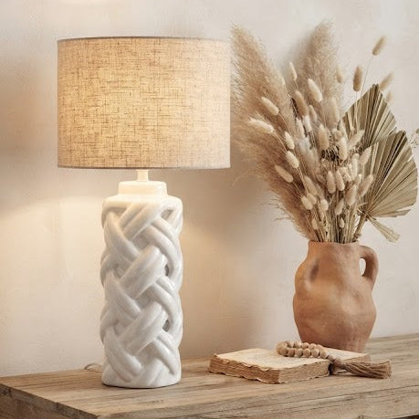 Lampe à Poser Céramique et Tissu  - Design Tressé Blanc
