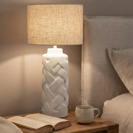 Lampe à Poser Céramique et Tissu  - Design Tressé Blanc