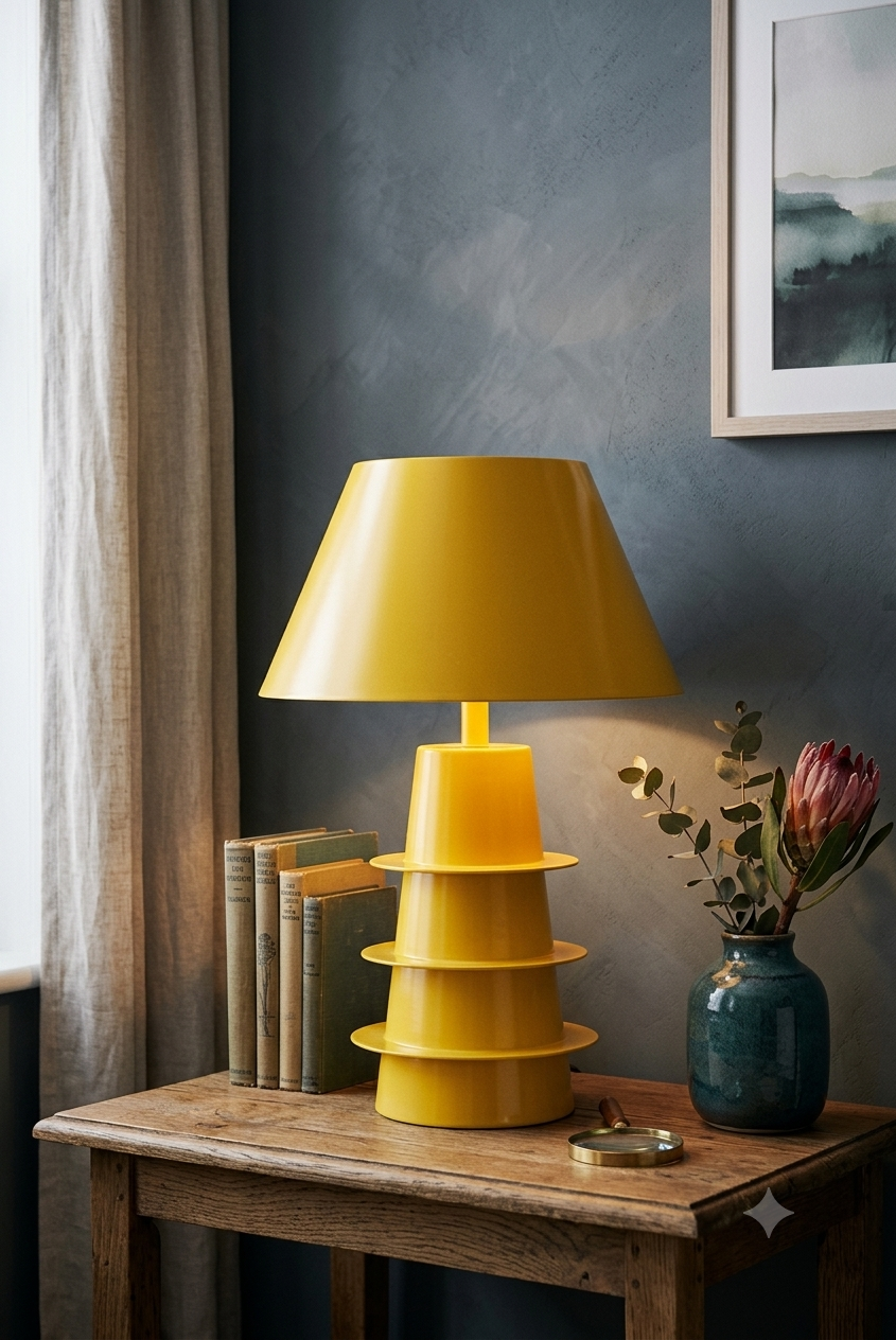 Lampe à poser design en métal jaune avec pied étage