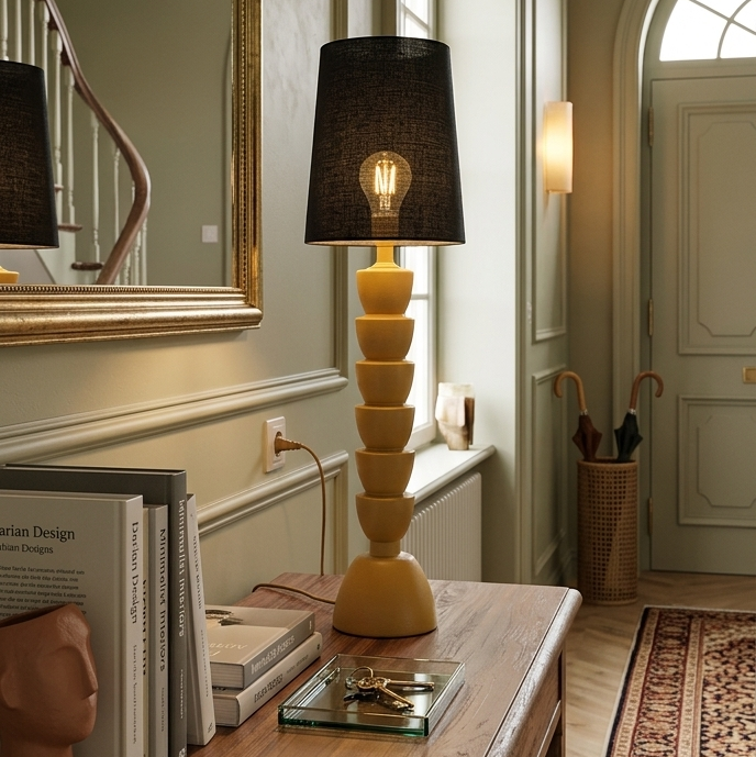 Lampe à Poser Design Sculptural - Résine Moutarde & Abat-jour Noir
