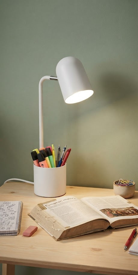 Lampe de Bureau Flex Métal avec Porte-Crayons Intégré - Blanche