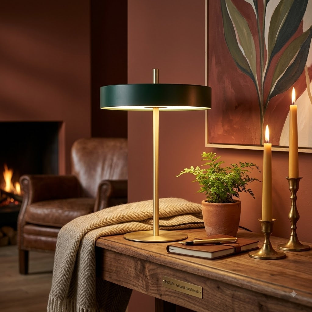 Lampe de Table LED Design Minimaliste - Vert Forêt et Laiton Doré