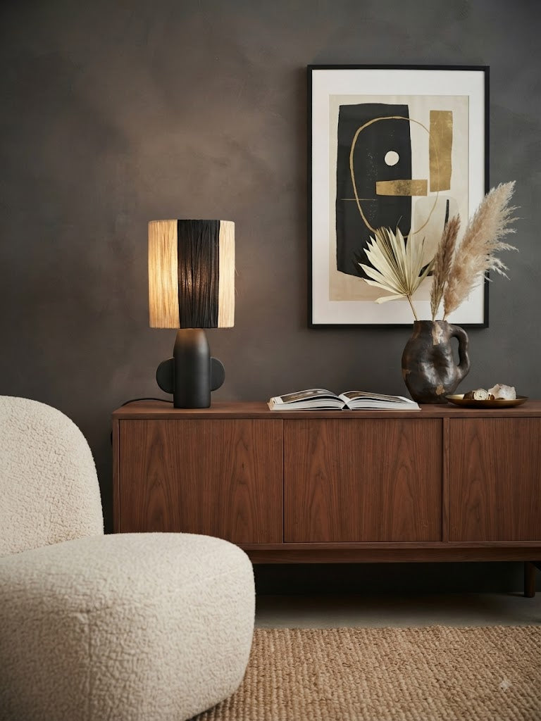 Lampe à Poser Céramique et Raphia  - Design Bicolore Noir et Naturel