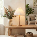 Lampe à Poser en Bois - Pied torsadé et Abat-jour blanc Plissé