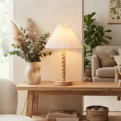 Lampe à Poser en Bois - Pied torsadé et Abat-jour blanc Plissé
