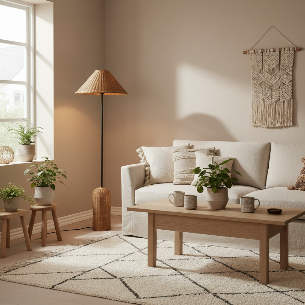 Lampadaire rotin brun mis en scène dans un salon bohème scandinave