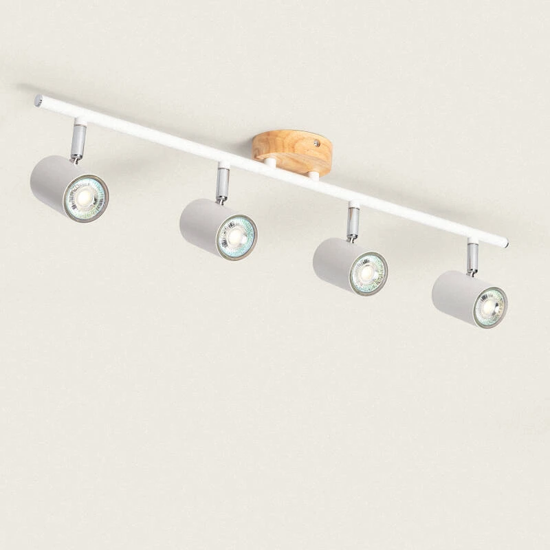 Plafonnier Orientable Bois 4 Spots - 10W Blanc