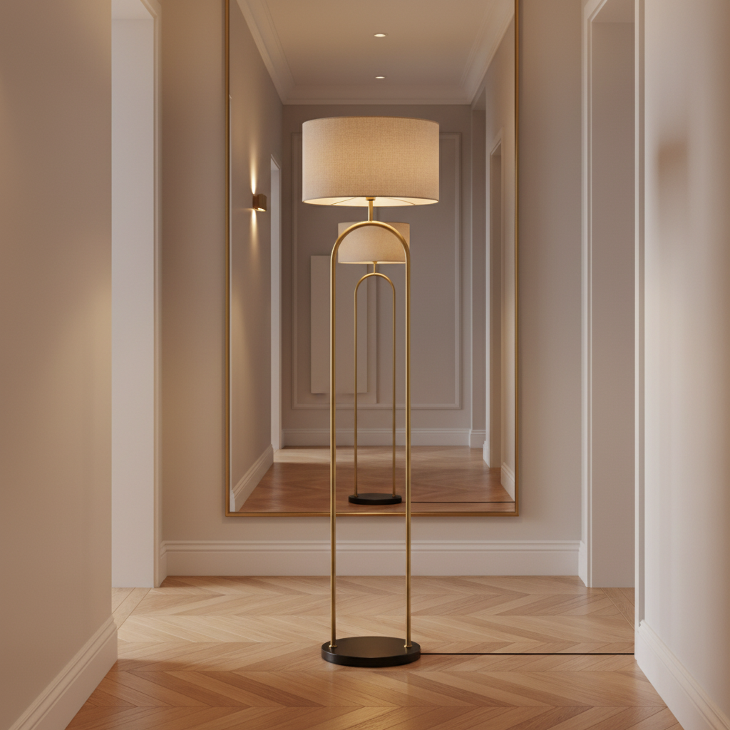 Lampadaire métal doré arche mis en scène dans un couloir élégant avec parquet et miroir