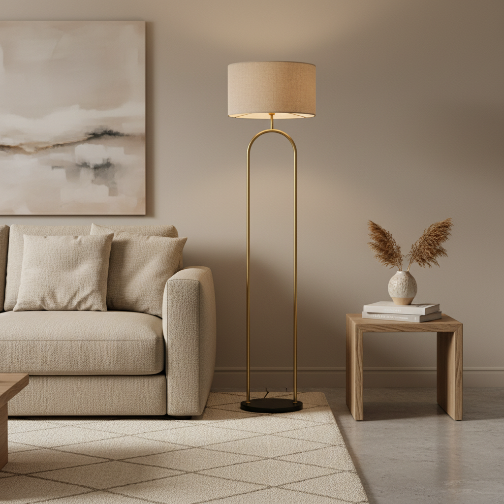 Lampadaire métal doré arche mis en scène dans un salon contemporain chaleureux