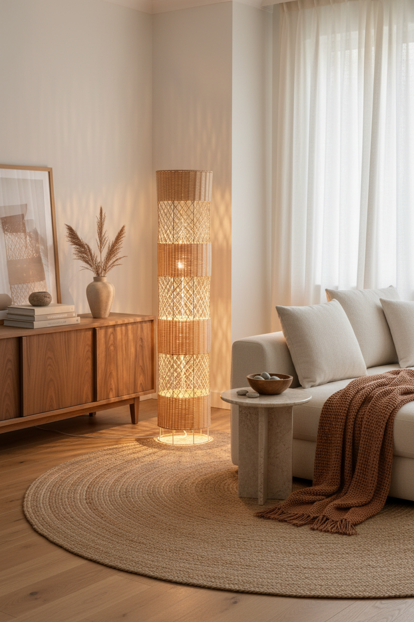Lampadaire en bambou dans un salon