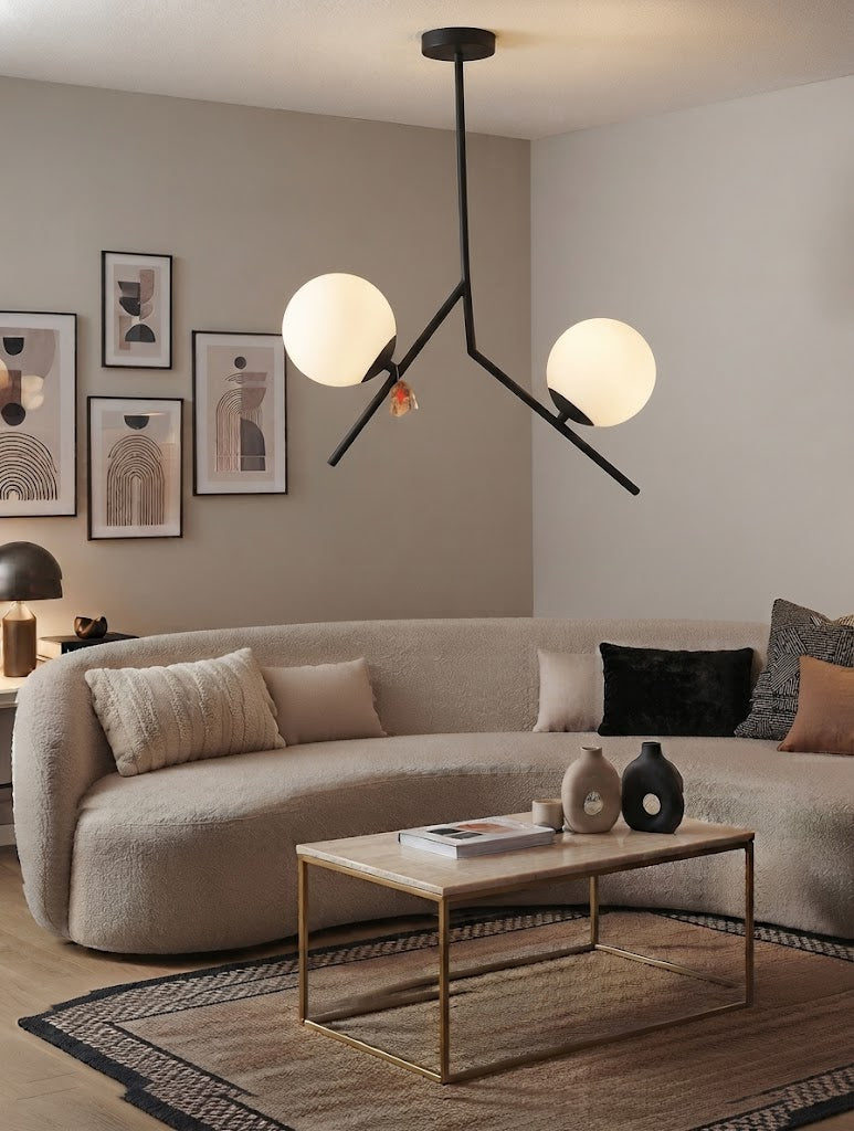Suspension Design Multi-Globes - Structure Noire et Boules Blanches